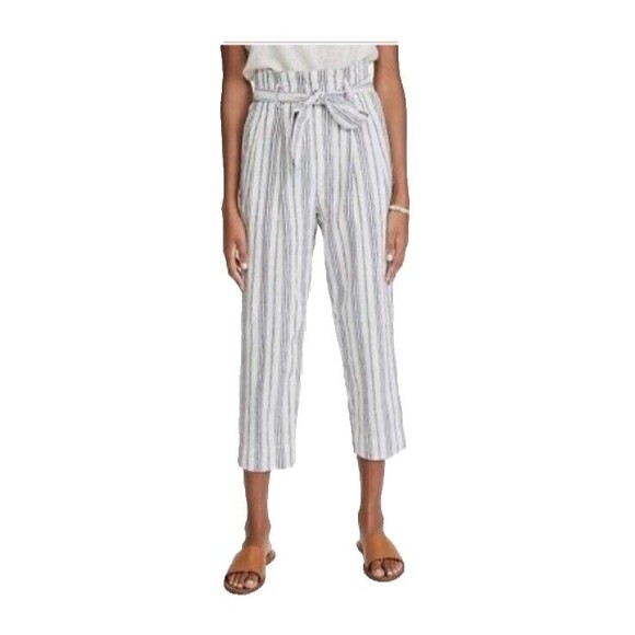 Madewell Women's 4 Linen-Cotton Paperbag Pants Dark Baltic Stripe - Picture 1 of 11